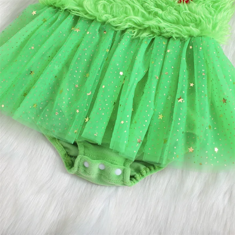 

Baby Girls Green Rompers Dress Christmas Clothes Sleeveless Heart Patch Sequins Stars Layered Tulle Skirt Hem Toddler Bodysuits