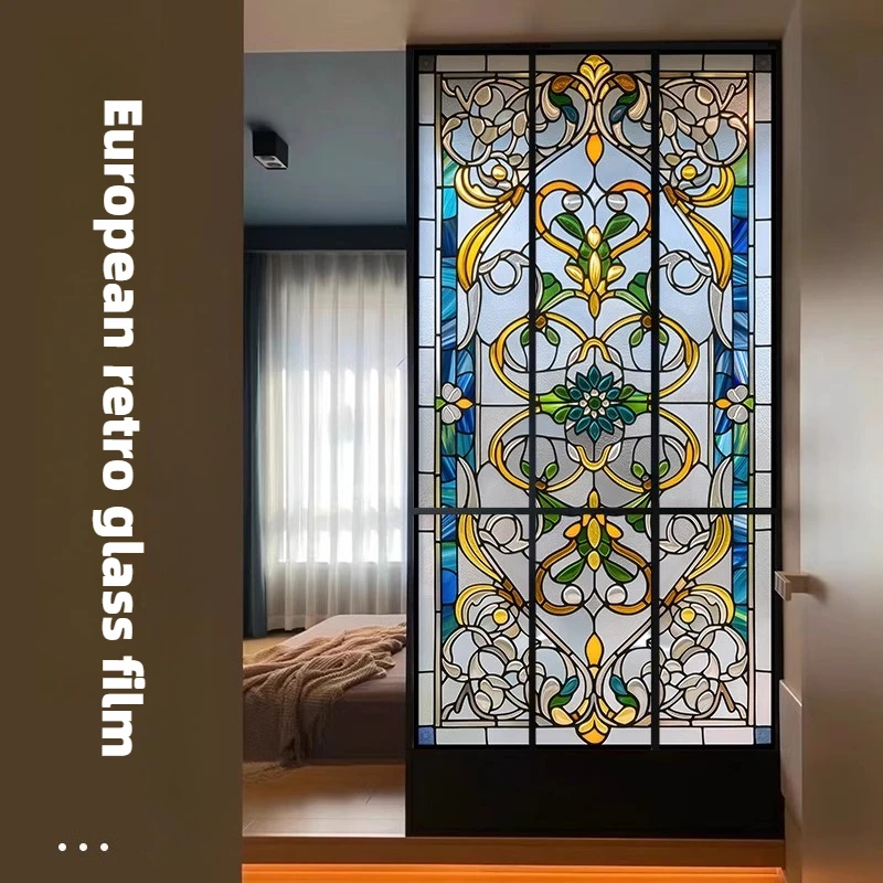 European Retro Glass Film, American Colored Glass Film, Window Sticker Stained Glass Window FilM Static Cling  Frosted / Etched