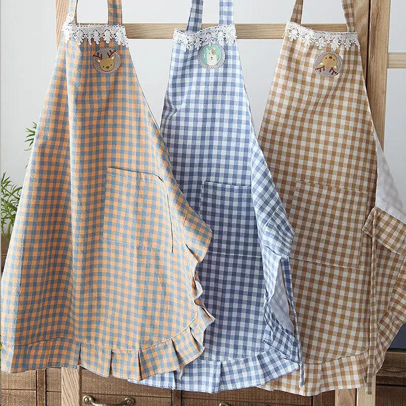 Plaid apron with pocket Korean version fashionable kitchen waterproof and stain resistant adult neck hanging
