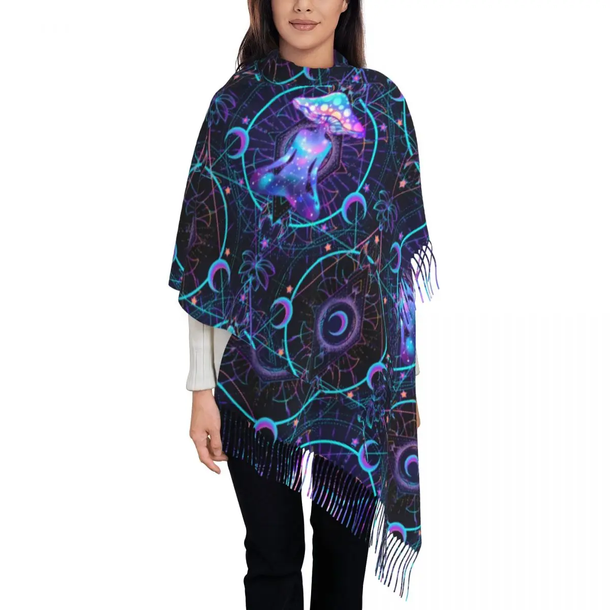 Custom India Mandala Magic Psychedelic Mushrooms Trippy Scarf Women Fashion Winter Shawl Wraps Tassel Wraps