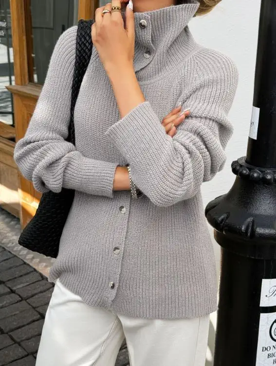 

Autumn and Winter New Solid Color High Collar Button Front Long Sleeve Knitted Sweater Women's Fashion Knitted Sweater Coat