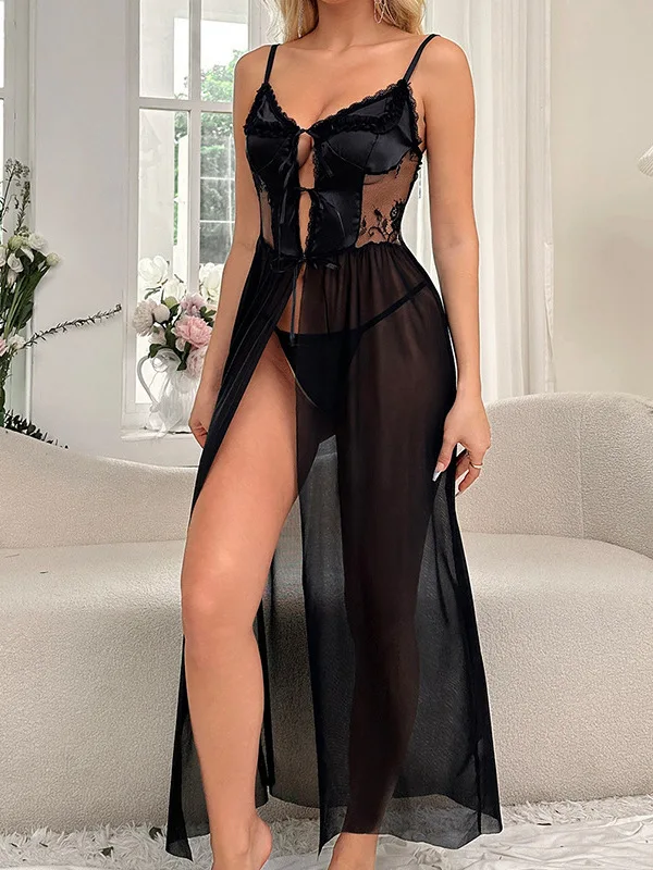 V Neck Bow Sweet Fashion Women Robe New Sexy Women Mesh Top Long Dresses Clothes Sexy Dress Elegant Korean Women H3SC