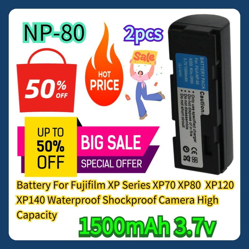 

2pcs 1500mAh NP-80 Battery For Fujifilm XP Series XP70 XP80 XP120 XP140 Waterproof Shockproof Camera High Capacity
