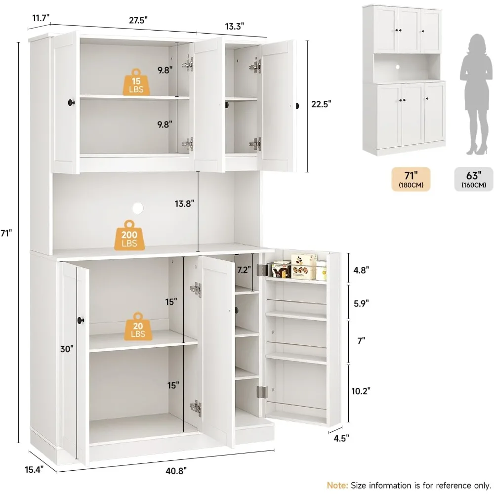 Armario de almacenamiento de despensa de cocina de 71 "de alto con soporte para microondas y estante de puerta, Hutch de cocina independiente con 6 puertas