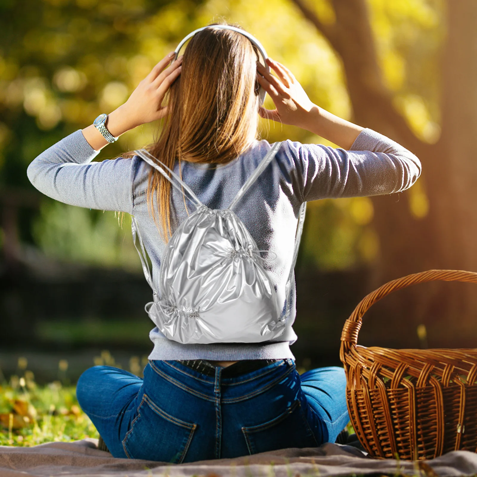 

Stylish Drawstring Backpack for Women Men Shiny Nylon Material Large Compartment Pleated Design Ideal for Gym Travel School