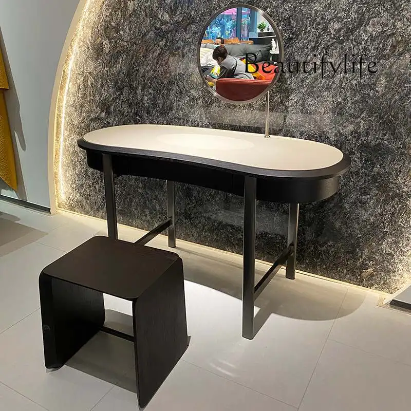 

Medieval style rotating mirror small apartment bedroom dressing table modern minimalist smoked solid wood dressing table