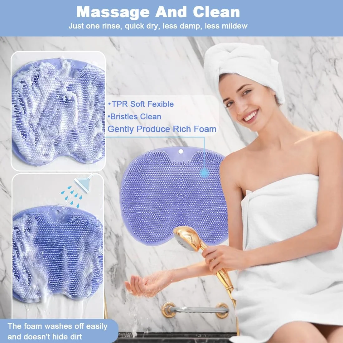 1 Pcs Shower & Foot Scrubber Bathroom Wall Mounted Back Scrubber Silicone Bath Massage Cushion Brush With Suction Cups