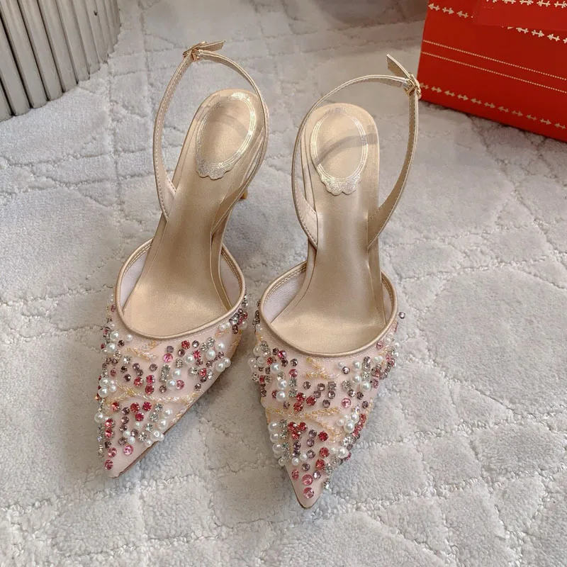 Pumps Women String Bead Decor Thin High Heels Slingback Sandalias Pointed Toe Mesh Closed Toe Sandals Summer Party Dress Shoes