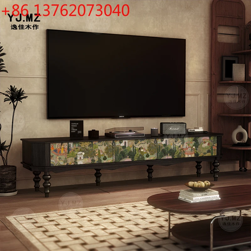 Cream style TV cabinet modern simple solid wood installation free storage cabinet living room decoration
