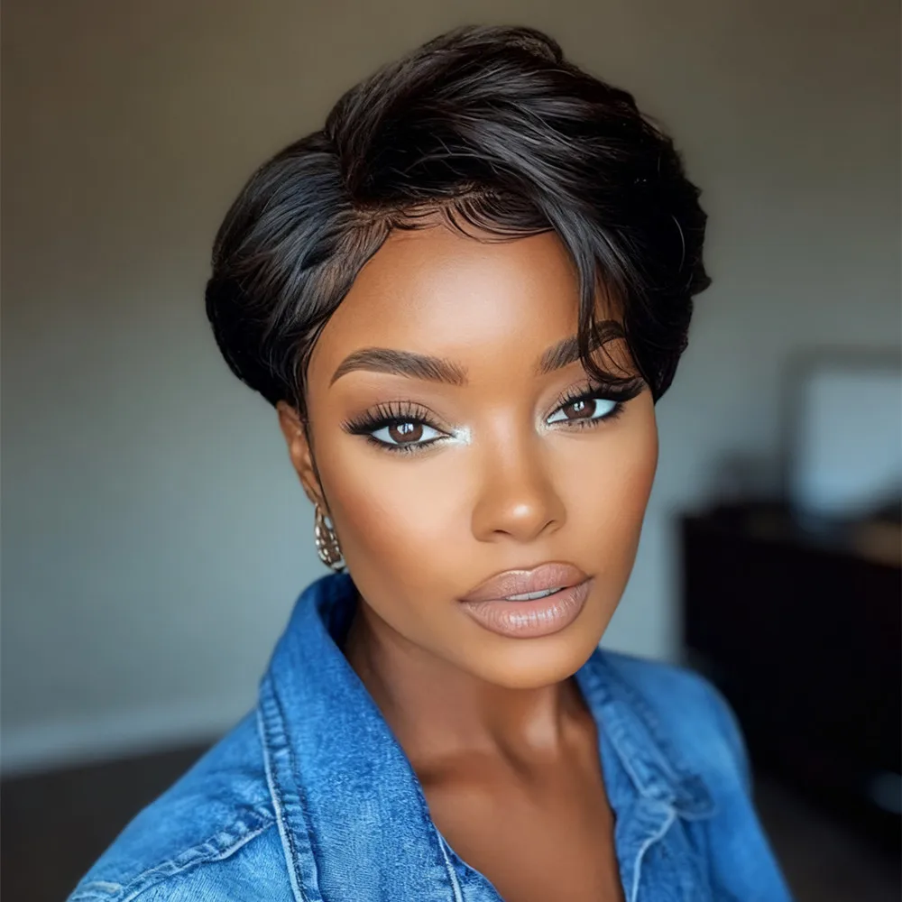 

black color for women 13x1 T part lace daily party use wig pixie cut wig short curly layered human hair wig