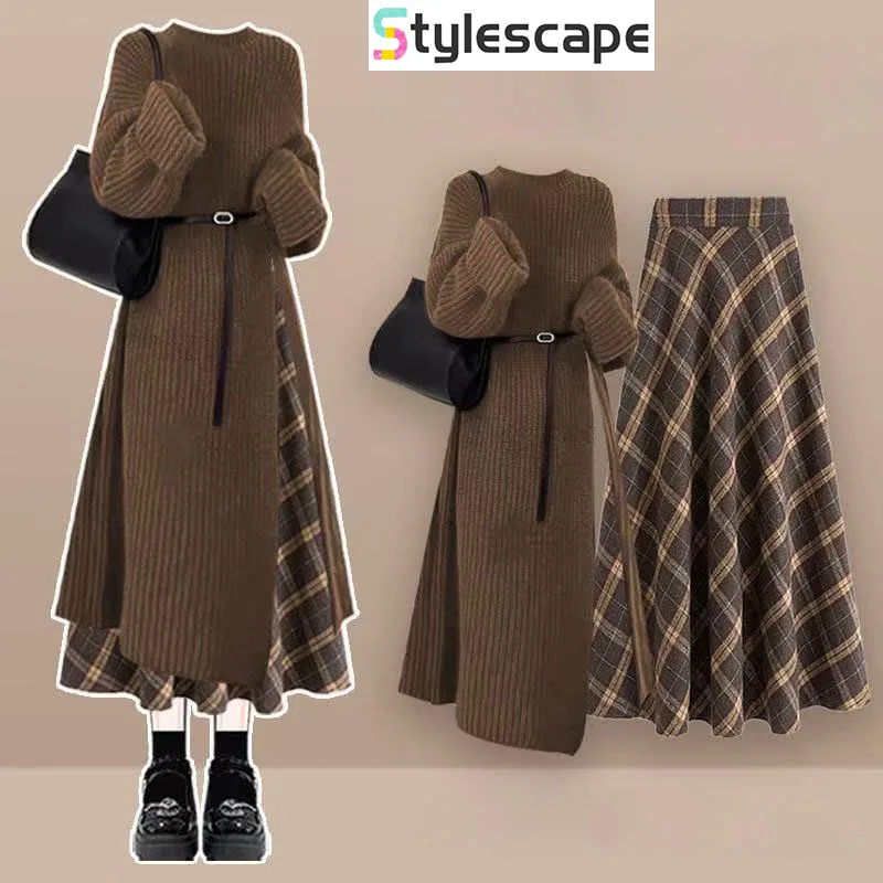 

Autumn/Winter Retro Set Women's Korean Style Knitted Wool Skirt Paired with High Waist Slimming Plaid Half Skirt Two Piece Set