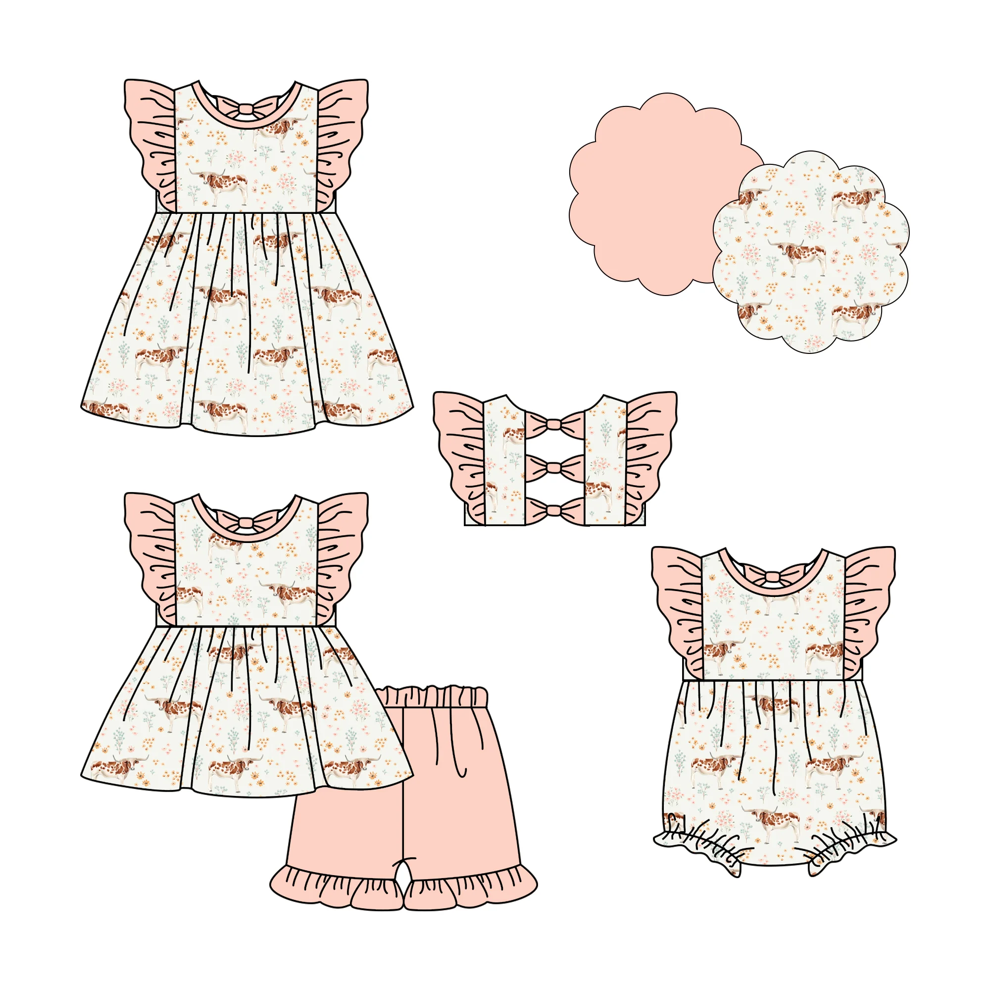 

New Boutique children's suit round neck pearl floral cow print shorts lace girl suit baby jumpsuit dress 3-piece set