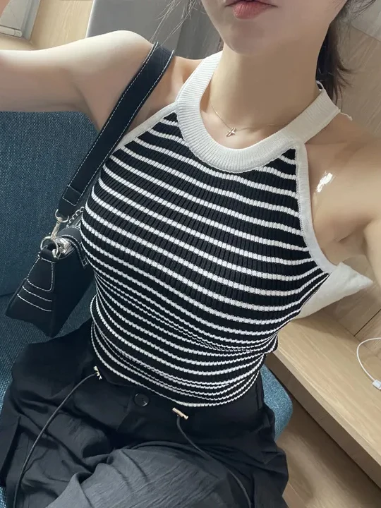 

Korean Stripe Ne Hanging Vest Knitted Sweater Women's Summer New Versatile Design Slimming High-End Feeling Strap Top