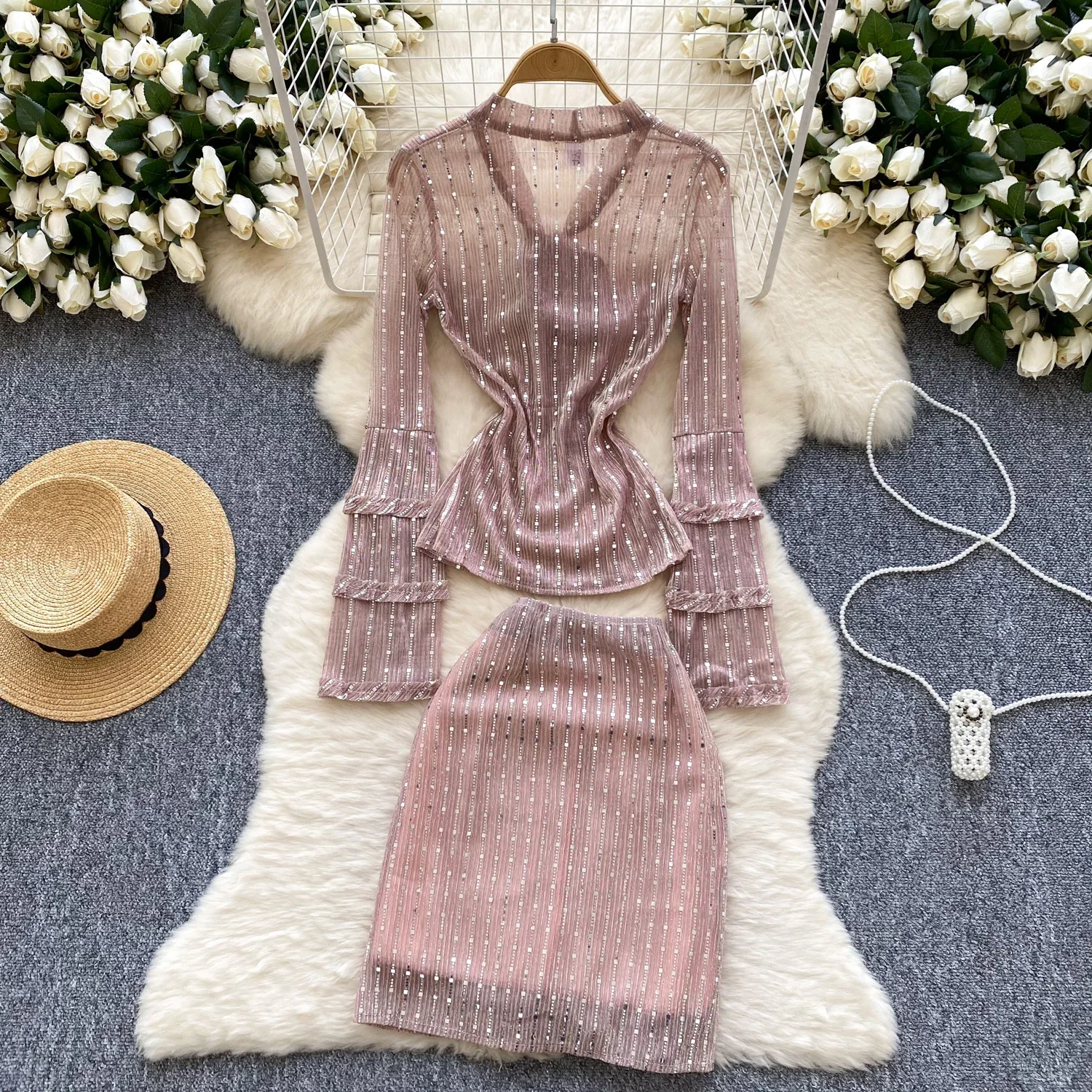 Chic Rhinestone Mesh Women Two-Piece Sets Basics V-neck Butterfly Slim Top High Waist Skirt French High Street Autumn Clothing