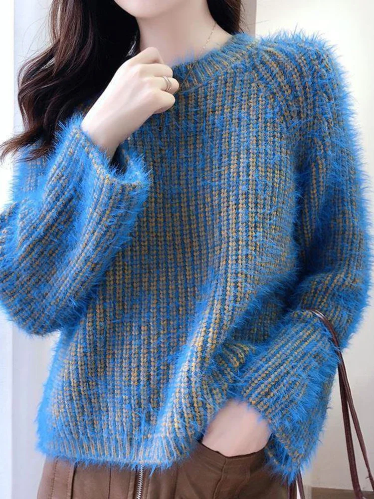 

Vintage Japan Blue Knitted Sweater Women Simple O Neck Jumper Fall Winter Lazy Wind Retro Office Lady Long Sleeve Tops New