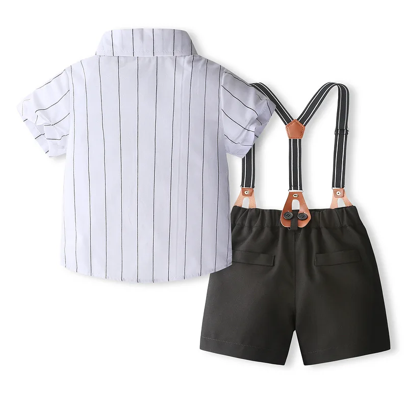 4Piece 2024 Summer Toddler Boy Clothes Set Korean Fashion Stripe Short Sleeve Baby Tops+Shorts+Tie Luxury Kids Clothing BC1003-1