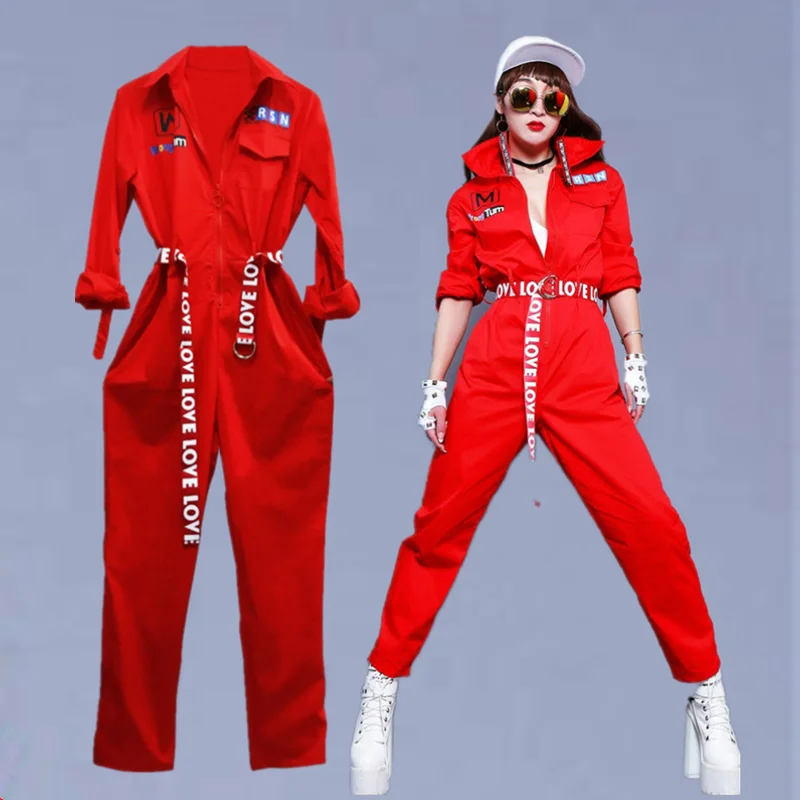 

Сценические костюмы для певцов, женский танцевальный костюм для ночного клуба, комбинезон в стиле хип-хоп, унисекс с поясом, красный комбинезон с длинными рукавами, свободный