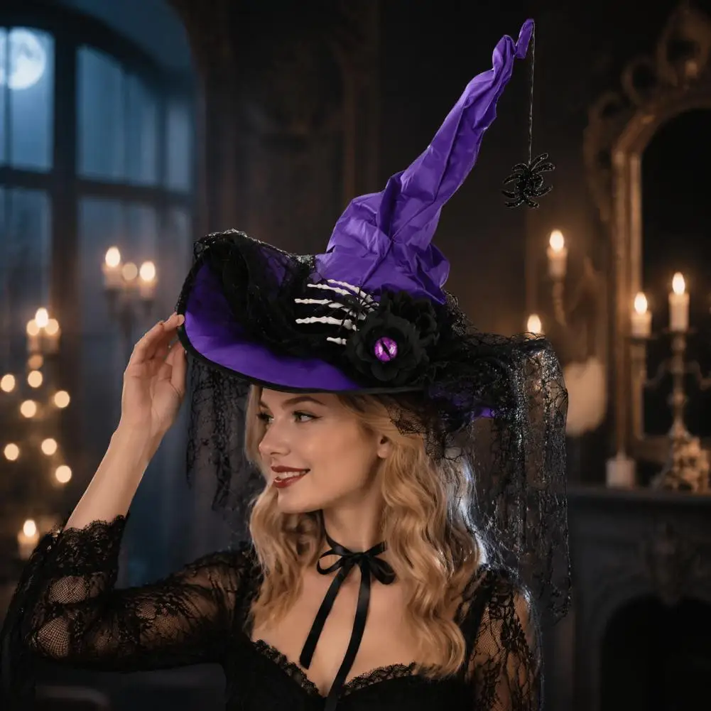 Elegant Black Party Hats Halloween Witch Hat for Women Spider Web Mesh Skeleton Hand Rose Flower Costume Accessory for Cosplay
