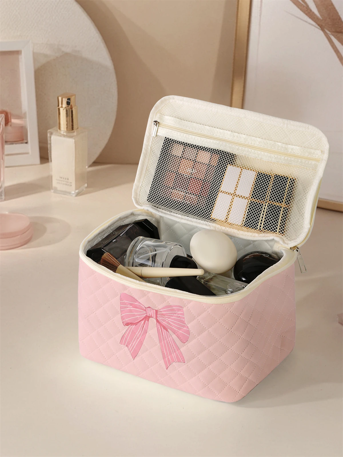 1 Juego de bolsa de maquillaje portátil, diseño de gran capacidad, fácil acomodar sus cosméticos, liviana y portátil para guardar cosméticos