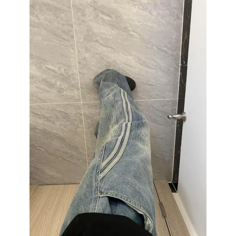 

American Retro Striped Patchwork Straight Leg Jeans Women Summer Elastic Drawstring Loose Slimming Narrow Version Wide Leg Pants