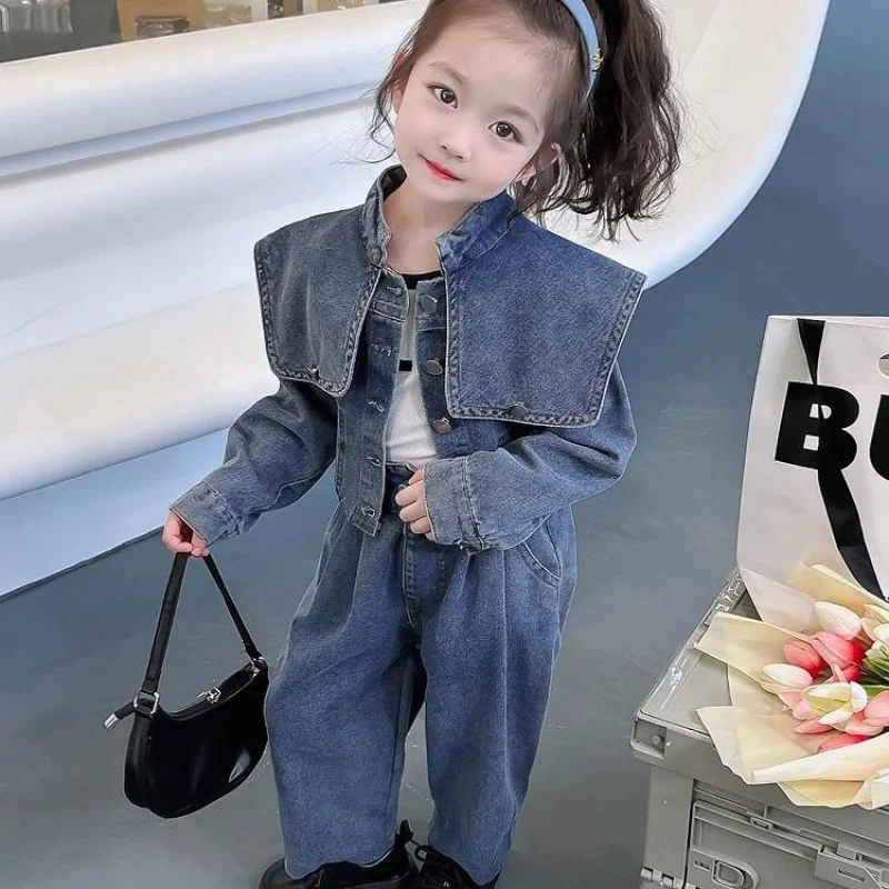 Girls\' Fashionable Lapel Denim Suit Autumn New Fashionable Jacket Trousers Two-Piece Set Children One Piece Dropshipping