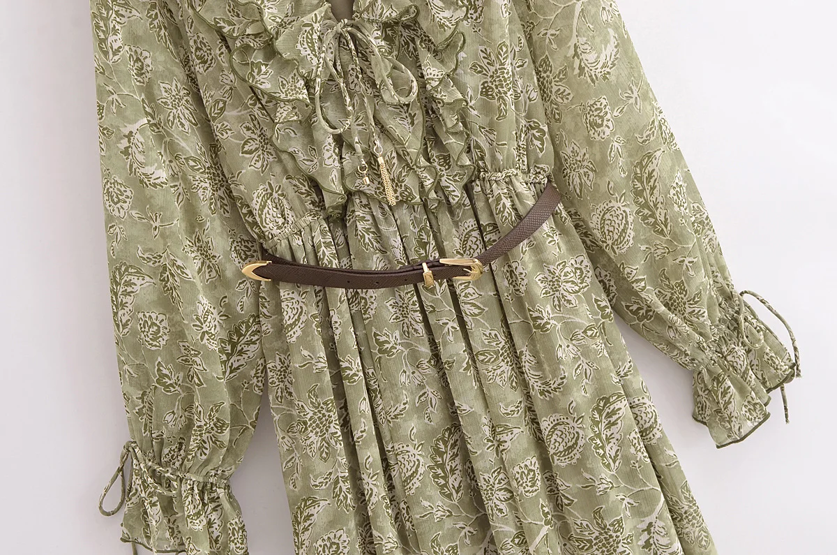 Primavera novas roupas femininas estilo europeu e americano cinto em camadas decoração vestido de manga comprida