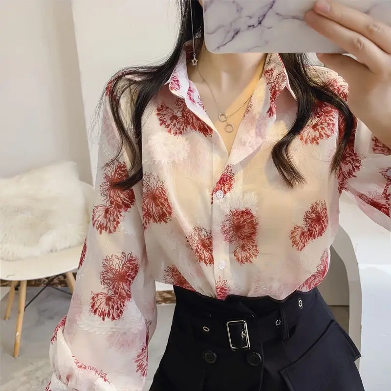 Shirts Women Floral Print turn down neck Ins Chiffon Sweet Elegant Female Chiffon Top Summer Vacation Streetwear 3XL NS5323