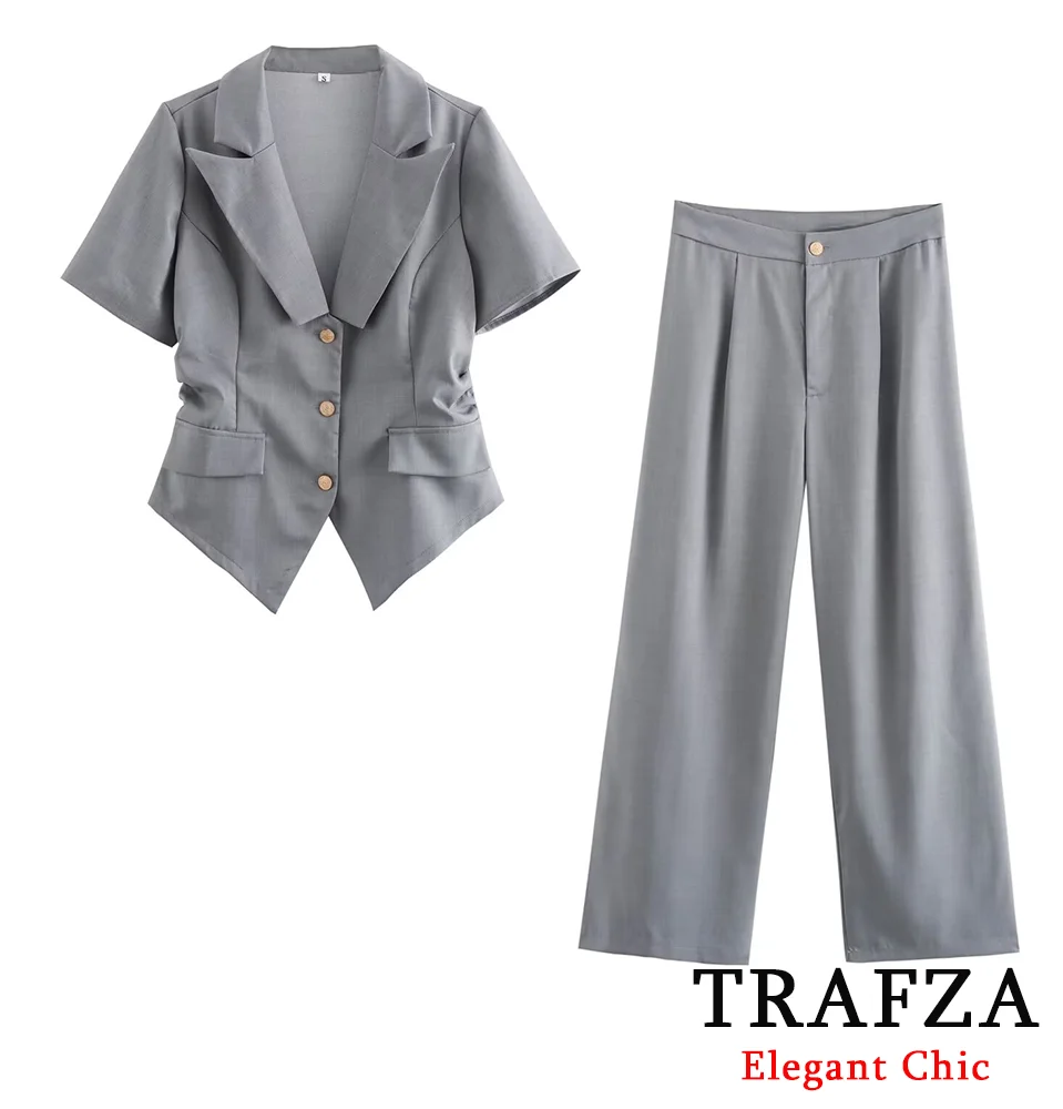 TRAFZA Office Lady Short Sleeves Vest Set Women New 2024 Summer Fashion Commuter Pant Set Lapel Buttons Vest and Wide-Leg Pant