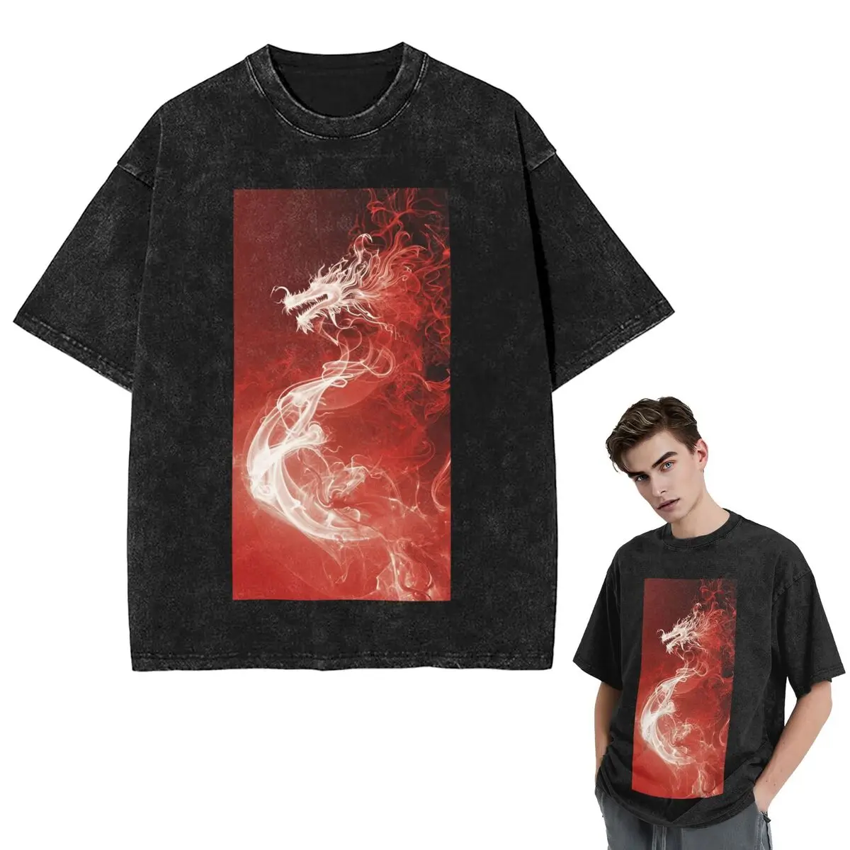 

Streetwear T-Shirts Red Fire Dragon Washed T Shirt Short Sleeve Hip Hop T-Shirt Tops Tees for Men Women