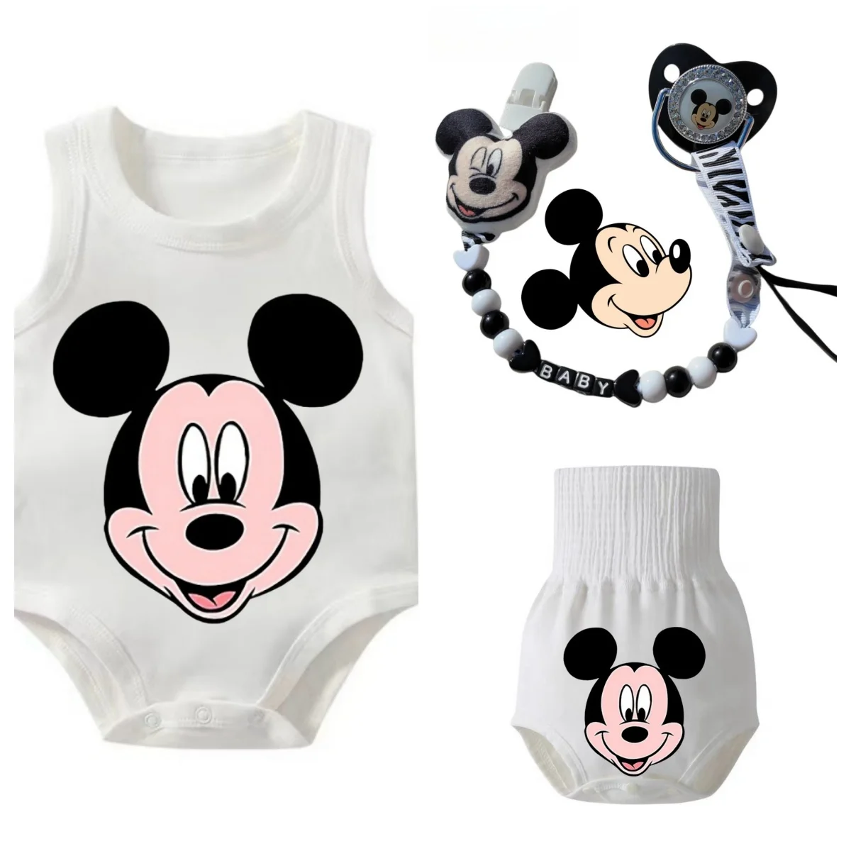 2024 Mickey Mouse Personalized baby pacifier clip Crawl suit Headband Shoe Cover Set Luxury Baby pacifier Cartoon baby pacifier