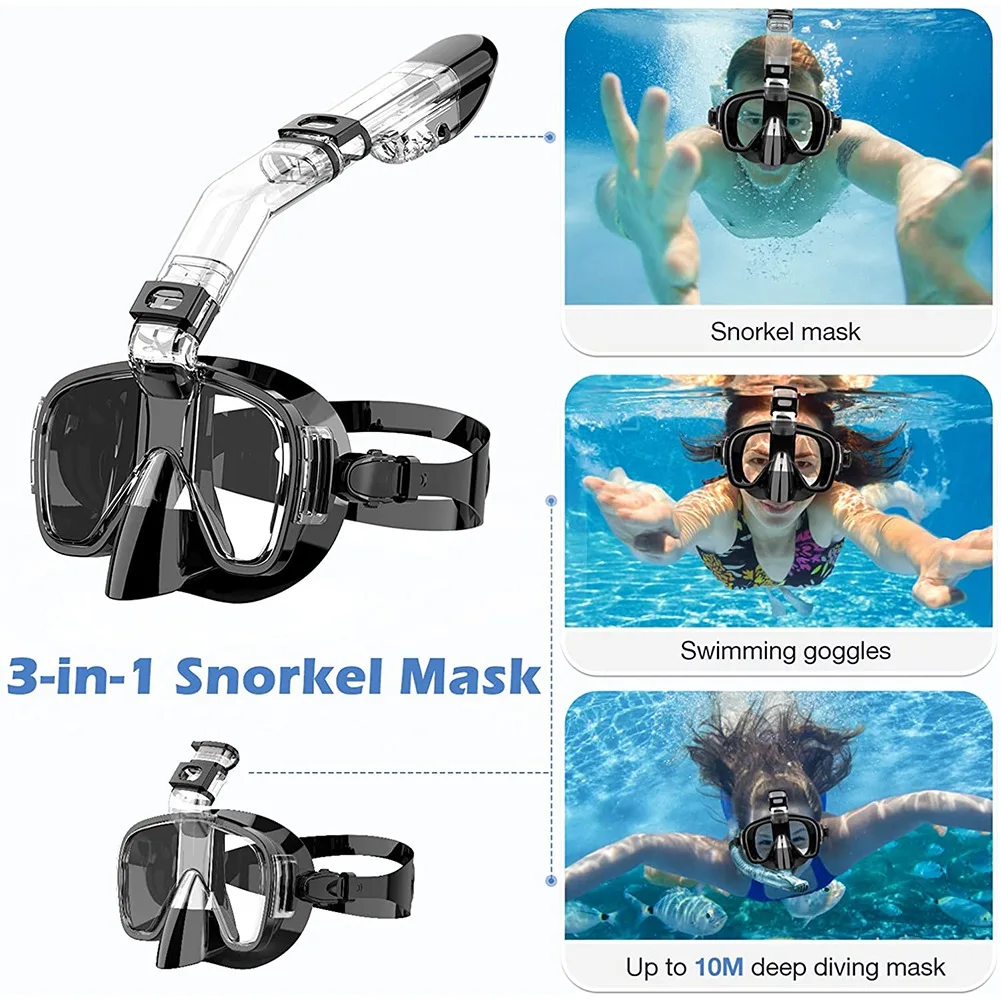 Snorkel Mask Foldable Diving Mask Set with Dry Top System and Camera Mount Anti-Fog Professional Snorkeling Gear-Black