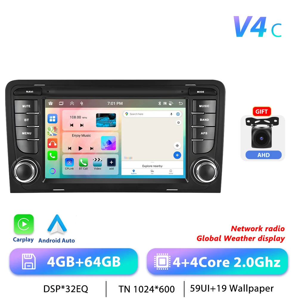 Podofo CarPlay Android Radio Voor Audi A3 8P 2003-2012 Auto Intelligent Systeem 2din GPS Stereo Multimedia speler RDS FM Autoradio