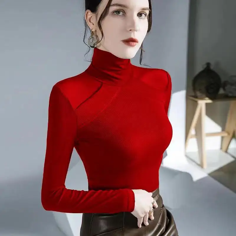 

2023 Women Autumn Winter New High Neck Mesh Tops Female Long-sleeved Bottoming Shirt Ladies Sexy Solid Color Blouses G390