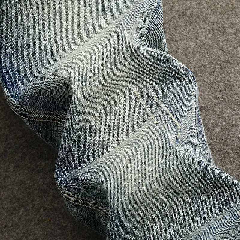 Fashion Vintage Men Jeans Retro Washed Blue Stretch Slim Fit Ripped Jeans Buttons Fly Italian Style Designer Denim Pants Men