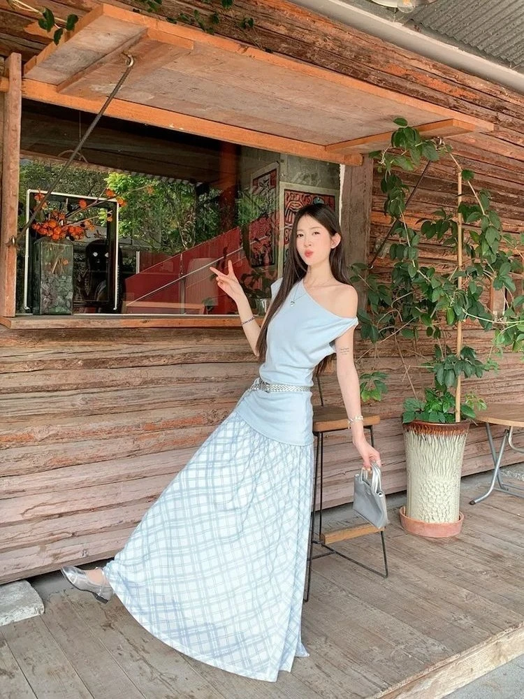

2026 Chic Ladies’ Two Piece Outfit Off Shoulder Slim Blouse and Micro Plaid A Line Skirt Summer Wear​