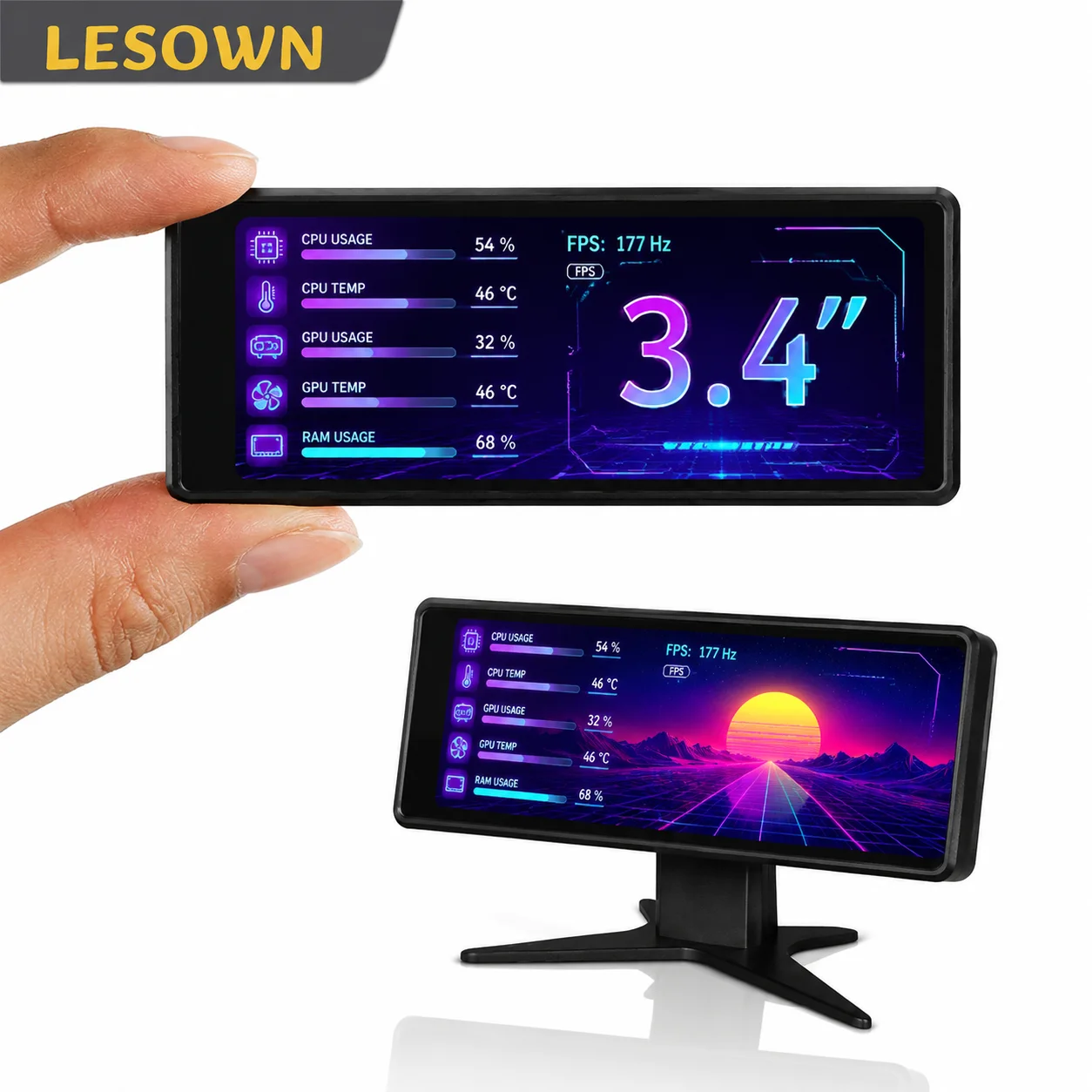 LESOWN 3.4 Inch PC Secondary Screen 376x960 USB Type-C Mini Monitor with Temperature Monitoring