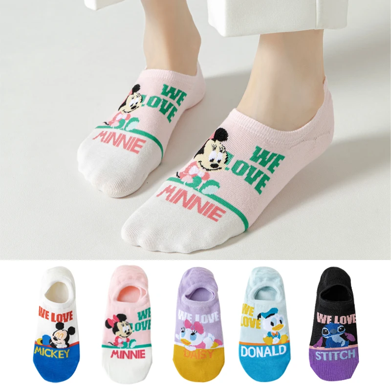 

5 Pairs Disney Summer Cartoon Woman Socks Mickey Minnie Donald Daisy Cotton Socks Funny Kawaii Invisible Non-slip Slipper Sock