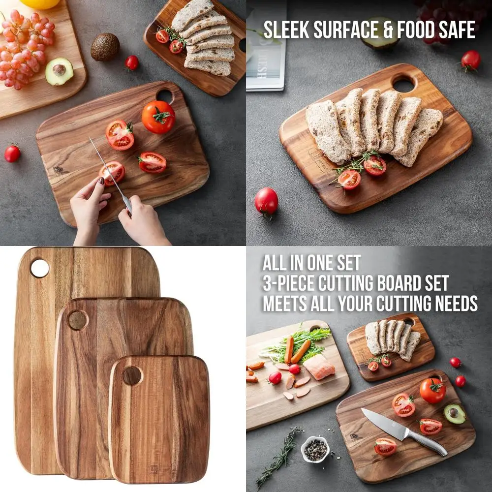 

Set of 3 Acacia Wood Cutting Boards, Thick Kitchen Chopping Boards, Butcher Block, Wooden Serving Trays for Meat, Fruits, Vegeta