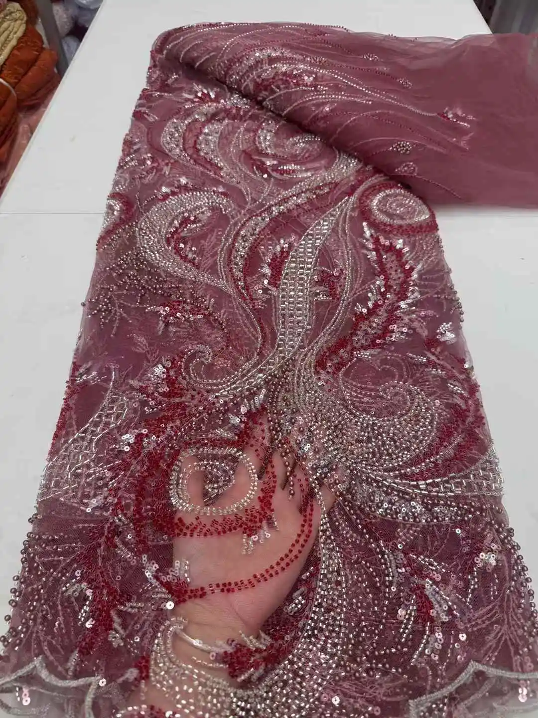 

New Design African Sequins Beaded Lace Fabric High Quality French Tulle Lace Fabric 2025 Embroidery Lace Nigerian Lace Fabrics