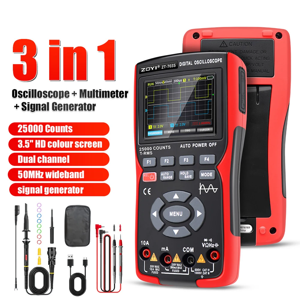 

3 in 1 Digital Multimeter 50MHz Bandwidth 280MS Rate PC Waveform Data Storage Dual Oscilloscope Signal Generator