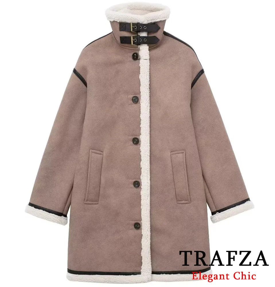 Women's Fall Winter Fleece Long Coat TRAFZA Vintage Double-Breasted Long Coat New 2024 Fashion Retro Classic Thickened Long Coat