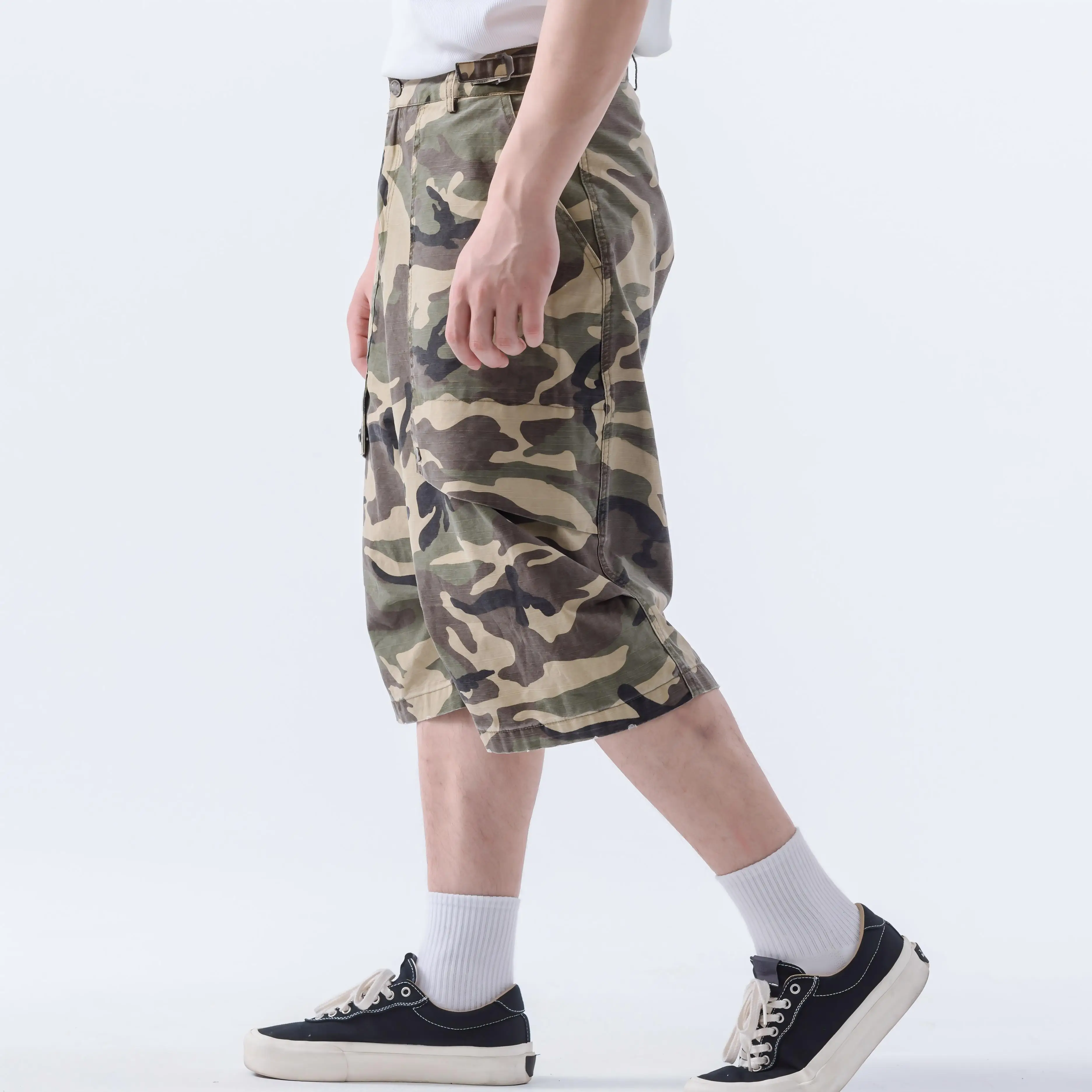 Vintage High Street Pants Camouflage Cargo Pants Work Street Style Knee Length Shorts Mid Length Shorts