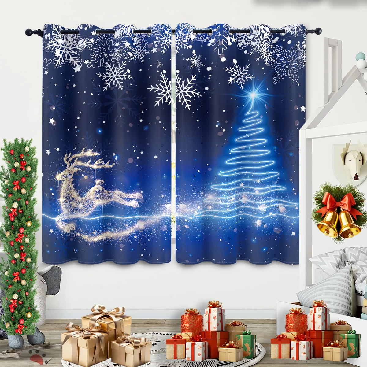 2 Stück Verdunkelungsvorhänge mit Weihnachts-Rentier-Aufdruck, isoliert, für Wohnzimmer, Urlaubsdekoration, mehrere Größen, einfach zu installieren