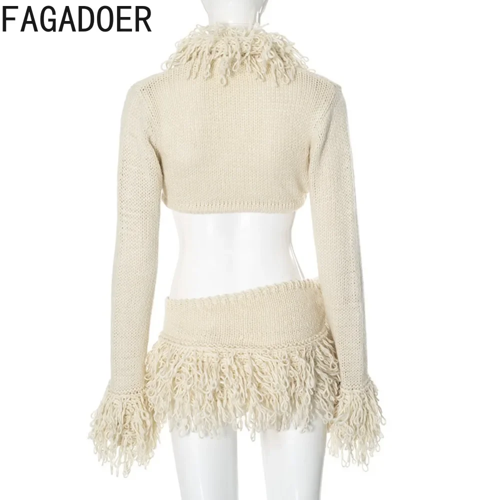 FAGADOER Knitting Sexy Two Piece Set For Women Lace Up Tassels Patchwork Crop Top + High Slit Skirt Suits Hot Girl Streetwear