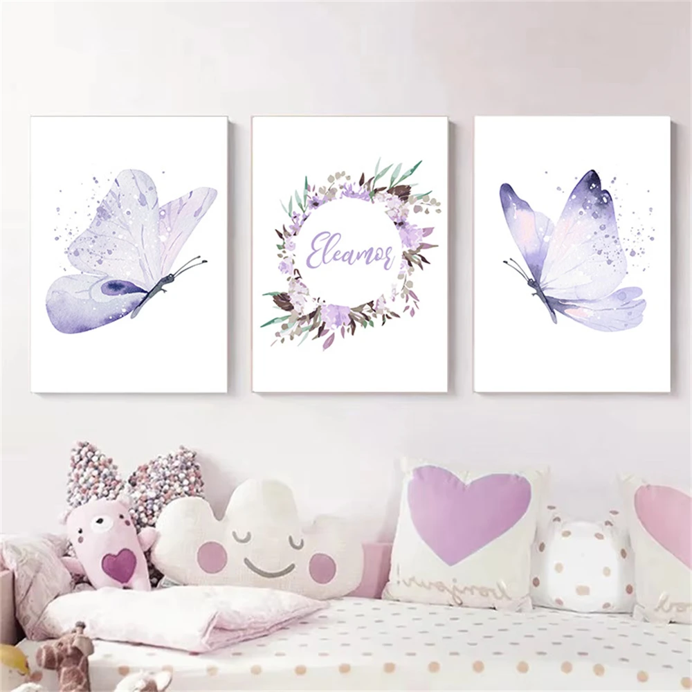 Purple Butterfly Poster Canvas Painting Flower Custom Name Posters And Prints Nursery Wall Art Picture Baby Girl Room Decoration