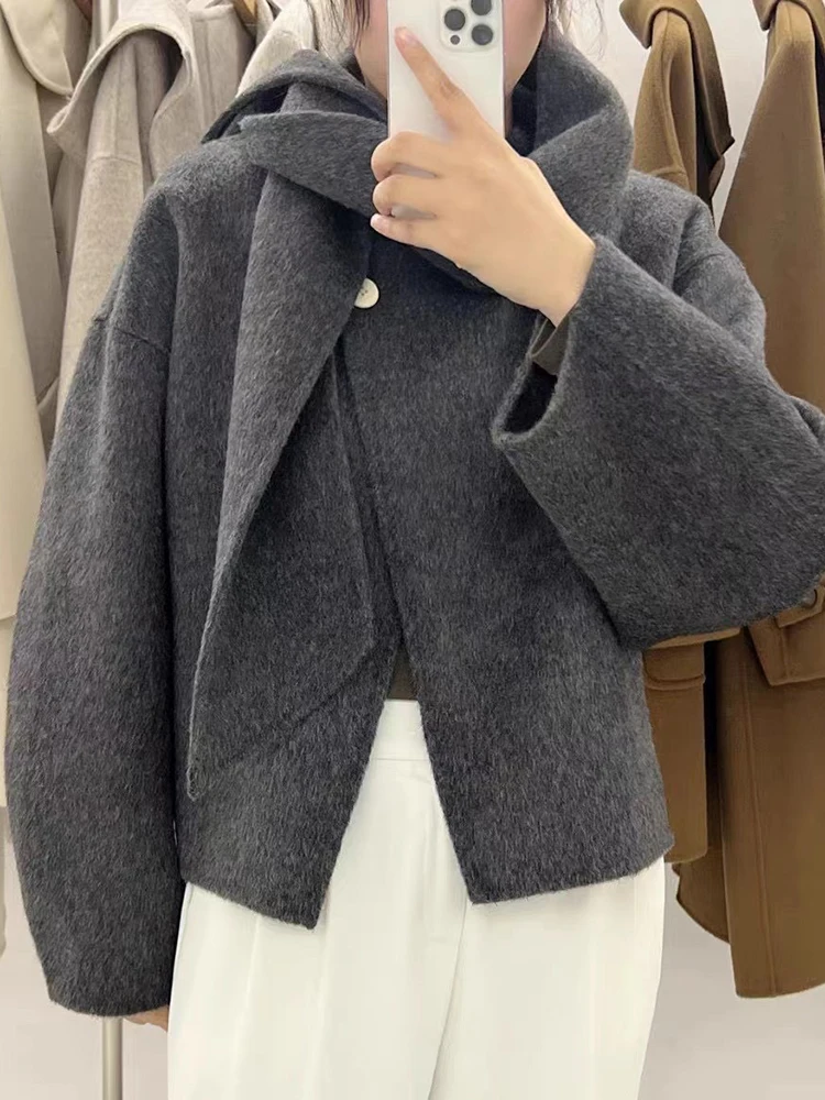 BZVW Scarf Collar Short Double Sided Cashmere Coat Womne\'s 2024 Autumn New Single Button Solid Color Minimalism Coats 25A9121