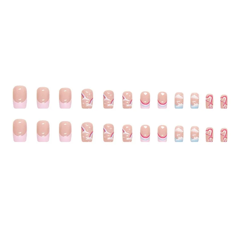 Nuvola Arcobaleno Stampa a forma di cuore su adesivo per nail art Set di unghie finte francesi Punte per unghie acriliche per San Valentino Unghie finte 24 pezzi