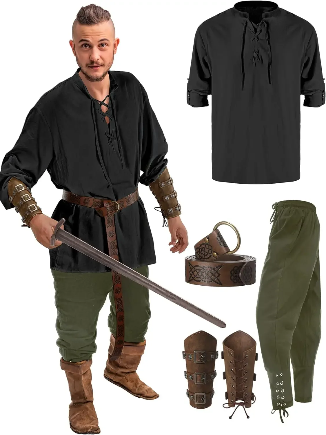 4-delige Halloween heren Renaissance kostuumset middeleeuwse piraat shirt enkel gestreepte broek Viking riemaccessoires