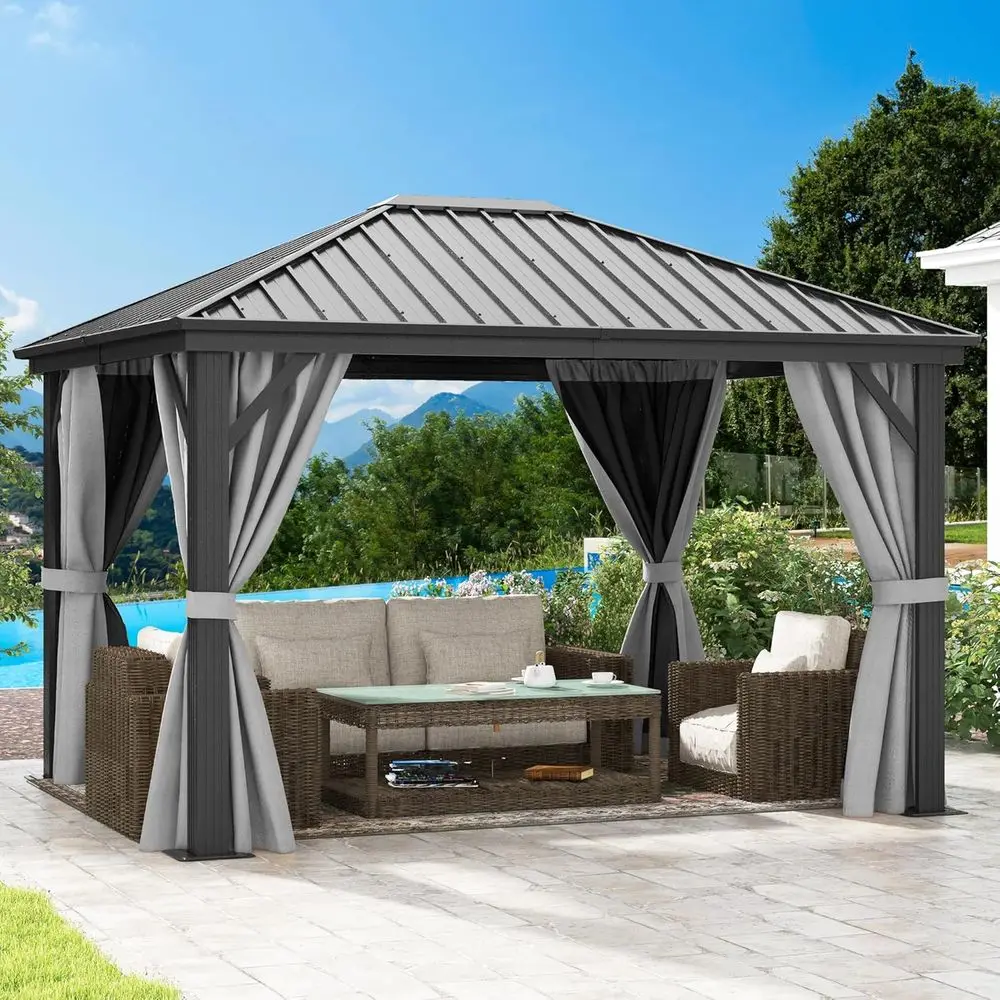 

10x12t Gazebo Hardtop Heavy Duty with Nettings and Curtains, Galvanized Steel Outdoor Veal Stripes Roo or Patio, Backyard, Deck,
