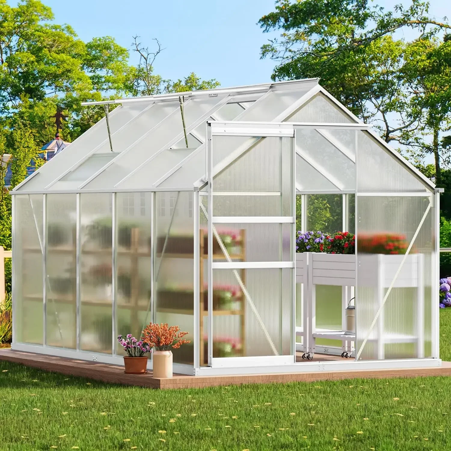 10x6FT Polycarbonate Greenhouse Heavy Duty Green Houses Outdoor Aluminum Greenhouses with Sliding Doors Vent Window Premi